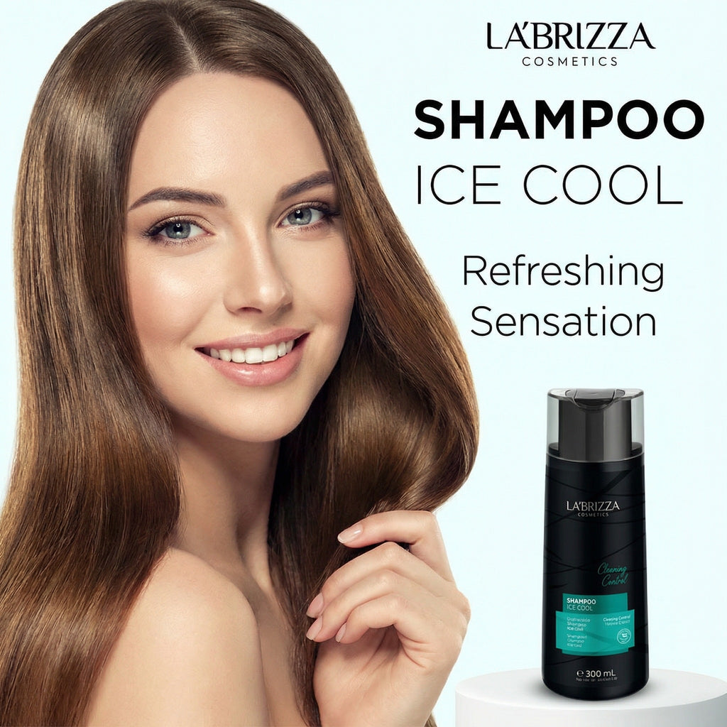 Model with healthy hair alongside LA’BRIZZA Cleaning Control Shampoo highlighting Ice Cool refreshing sensation
