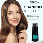 Model with healthy hair alongside LA’BRIZZA Cleaning Control Shampoo highlighting Ice Cool refreshing sensation
