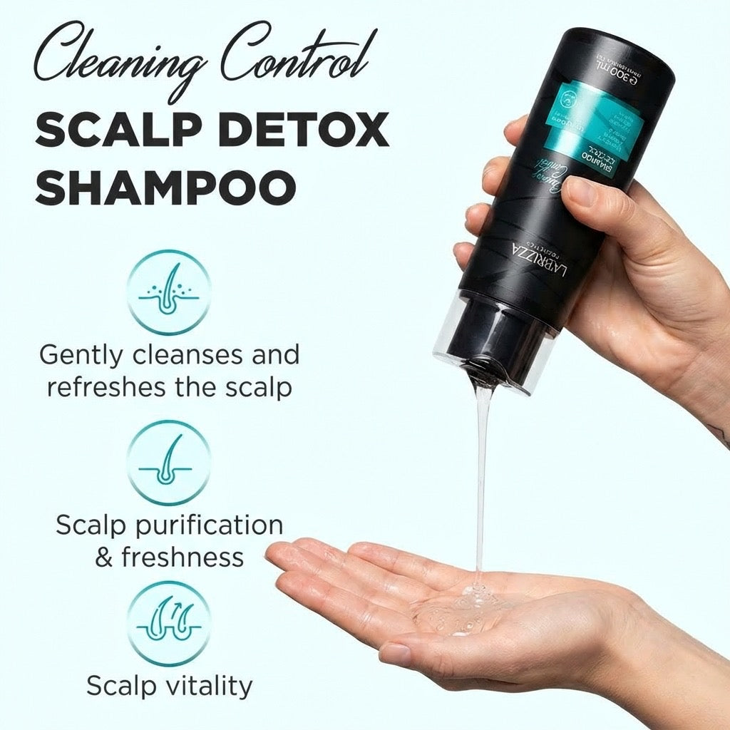 Application of LA’BRIZZA Cleaning Control Scalp Detox Shampoo with liquid texture poured onto hand

