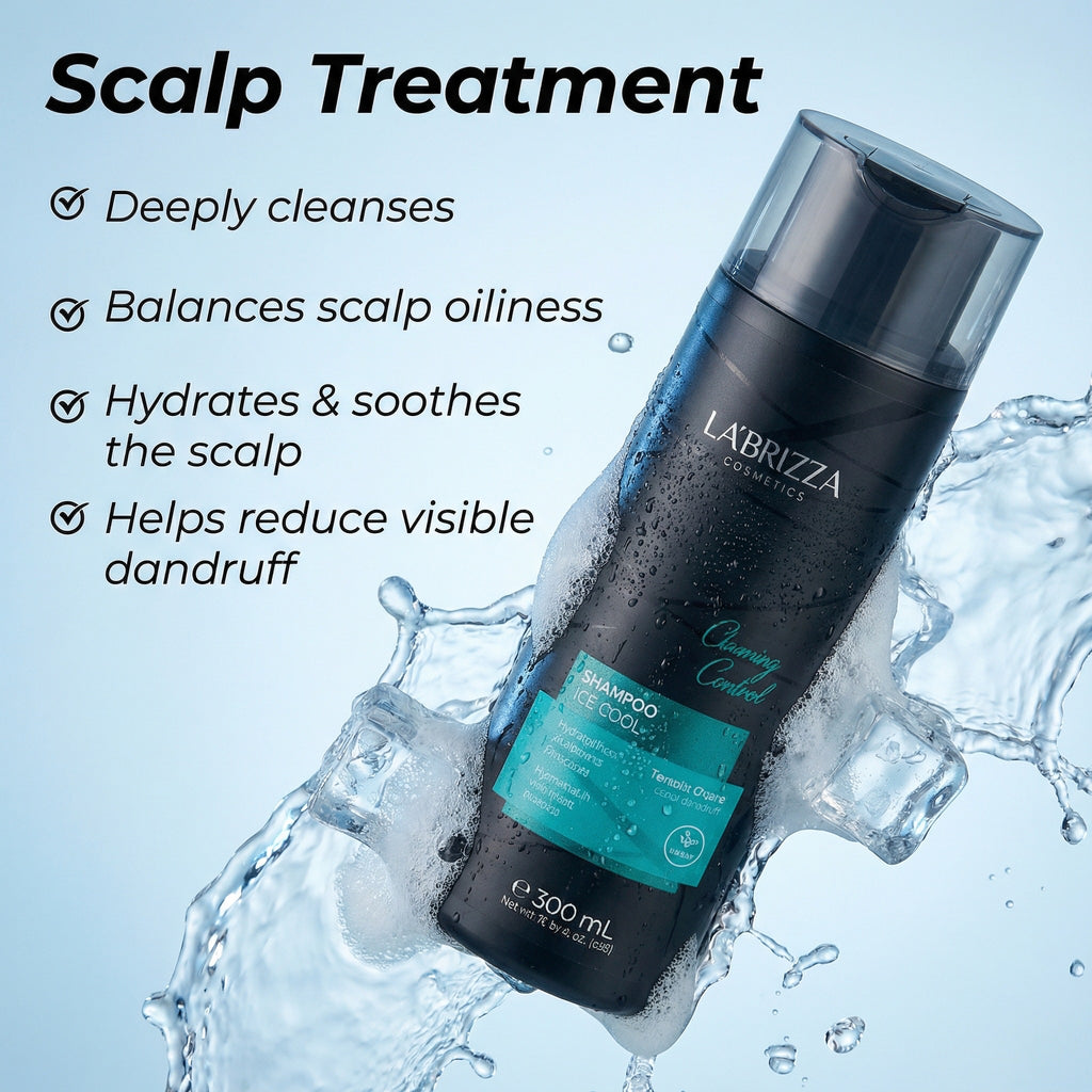 LA’BRIZZA Cleaning Control Scalp Detox Shampoo showing scalp treatment benefits with water splash and Ice Cool sensation
